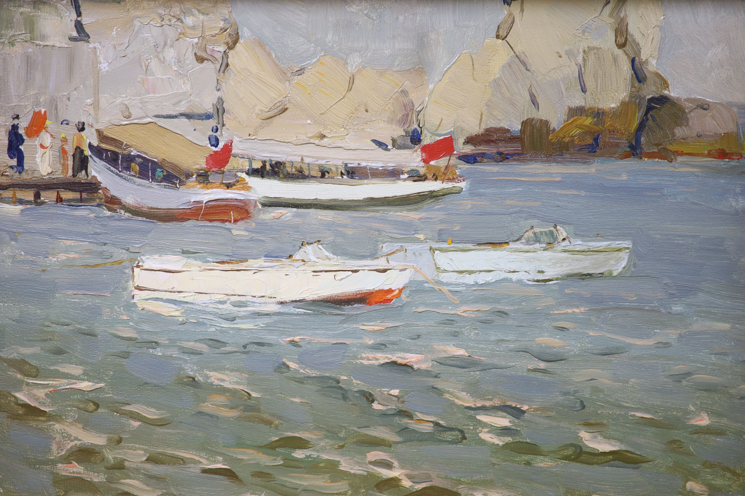 Piotr Soulimenko (b.1914), oil on card, Tourist boats, Crimea, signed and dated 1950, Roy Miles Gallery label verso, 22 x 33cm